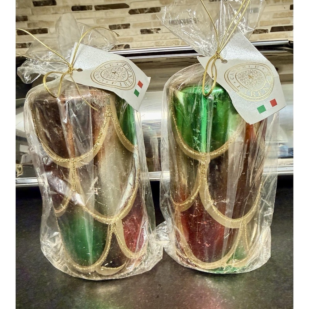 Vtg Candele Firenze Pillar Candles NOS Red Green Gold Set of 2 Made In Poland